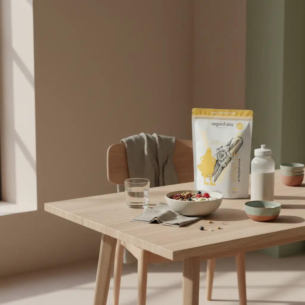 Europäische Küche im Morgenlicht mit nachhaltigem Holztisch, Glas Wasser, veganer Müslischale und Proteinshake. Wie viel kann man maximal in 10 Tagen abnehmen