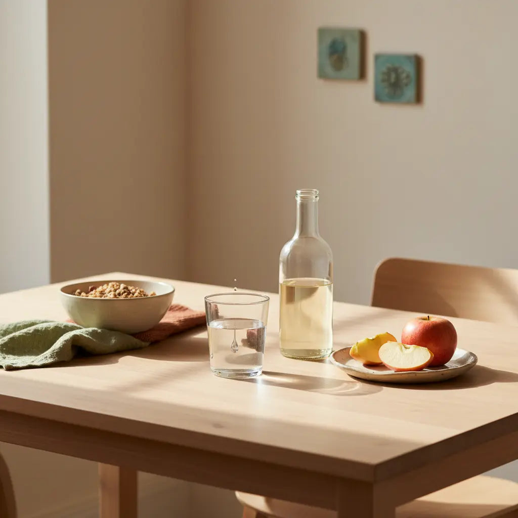 Minimalistische Morgenküche mit Wasserglas (ein Tropfen Apfelessig sichtbar), Apfelessig-Flasche, Müsli und Äpfeln – Bild zur Frage: Wie viel Kilo nimmt man mit Apfelessig ab?