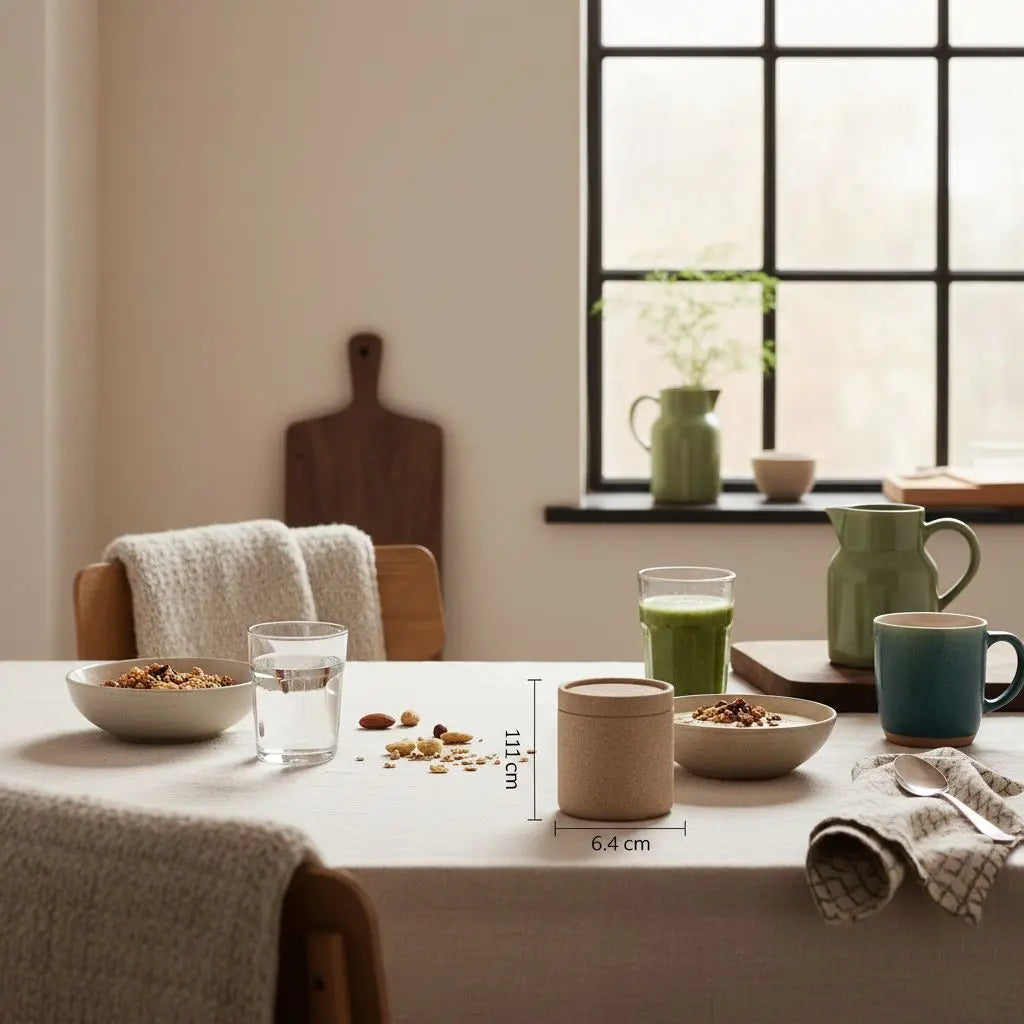 Minimalistisches Morgenfrühstück mit veganer Granola, Joghurt, Nüssen und Shake in einer europäischen Küche im Markenstil von Vegardians. Wie viel kostet ein Fitnessstudio monatlich?