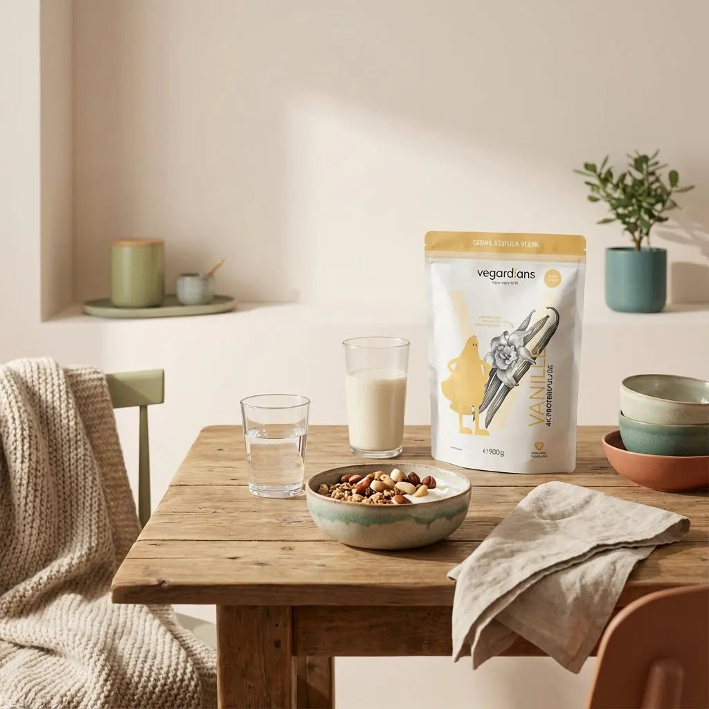 Wie viel nimmt man in 3 Wochen zu – veganes Frühstück auf nachhaltigem Holztisch im Morgenlicht mit Müsli, Glas Wasser und unscheinbarem Shakeglas, Leinenserviette, salbei-beige Töne.