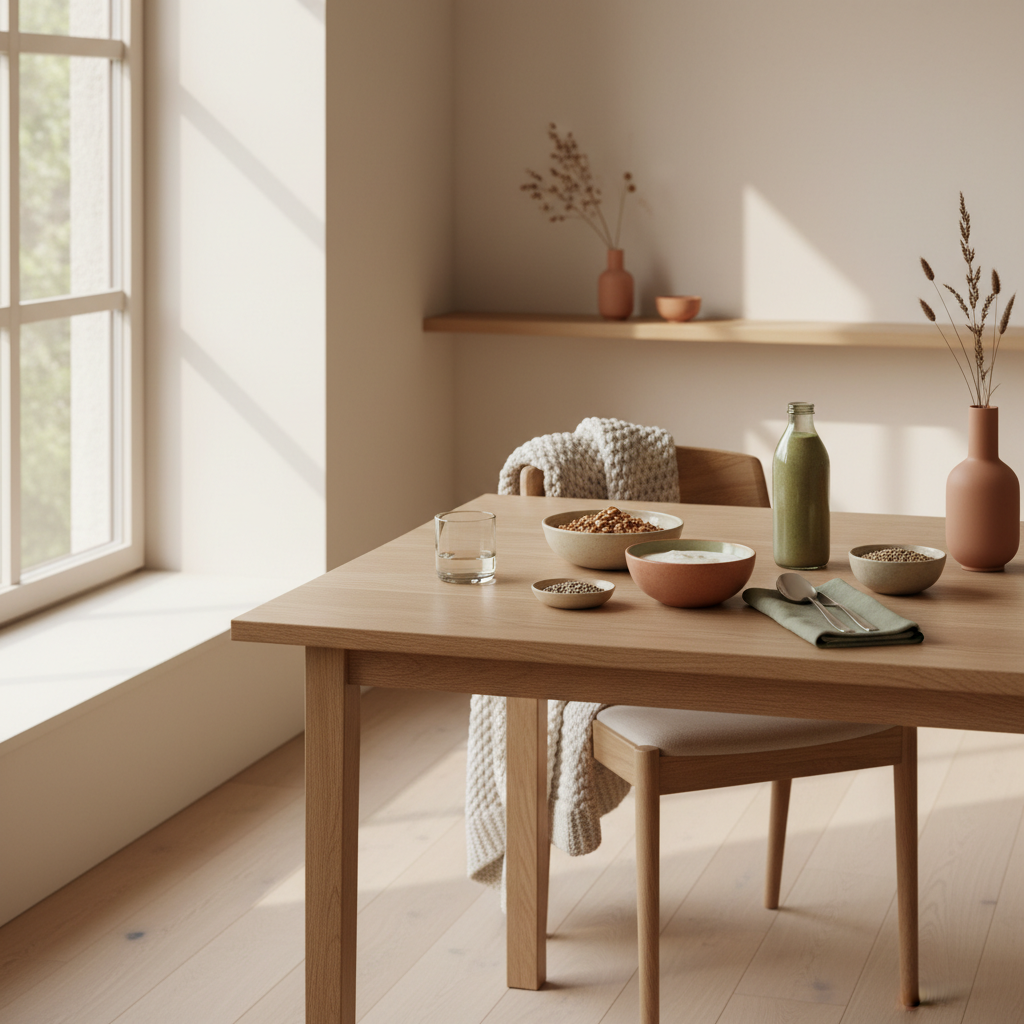 Wie viel Protein bei veganer Ernährung: Minimaler Frühstückstisch mit Granola, pflanzlichem Joghurt, Nüssen, Shake und dem Produkt aus Referenzfotos in heller europäischer Küche, Hintergrund #F7EDE6.