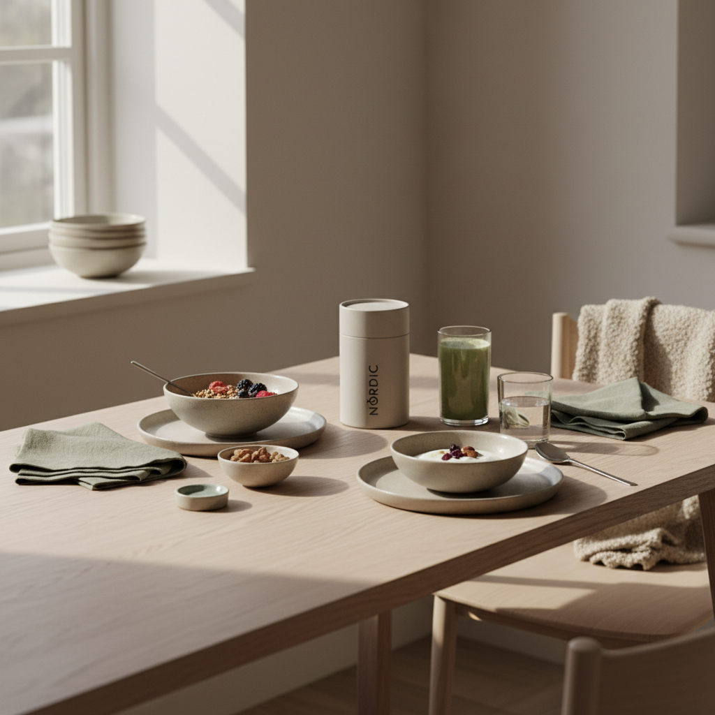 Wie viele Eier sind 100 g Eiweiß – minimalistisches, veganes Frühstück in europäischer Küche mit Granola, pflanzlichem Joghurt, Nüssen und Shake im weichen Morgenlicht, Full-frame