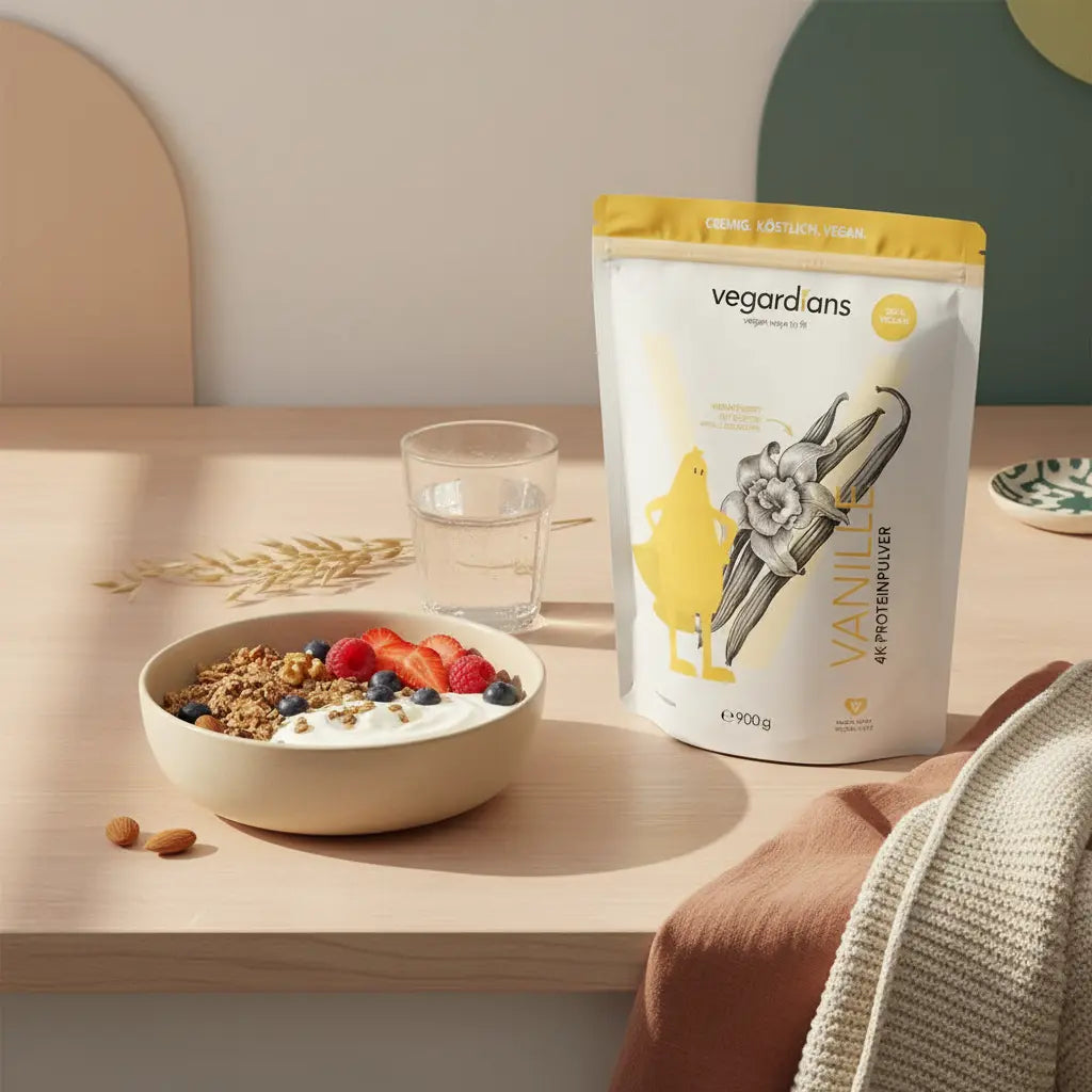 Wie viele Kalorien am Tag zum Abnehmen? Minimalistische europäische Küche, Holztisch mit veganer Frühstücksbowl, Glas Wasser und neutralem Proteinshake (Das Produkt aus den Referenzfotos), warme Morgenstimmung, Farben Beige/Salbei/Terrakotta