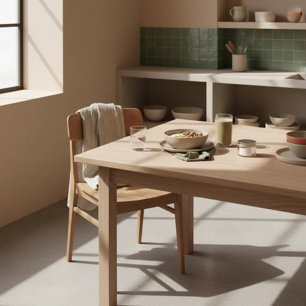 Slow-living Frühstückstisch mit Granola, pflanzlichem Joghurt, Nüssen und Shake in einer europäischen Küche im Morgenlicht – Wie viele Plätzchen pro Tag sind gesund