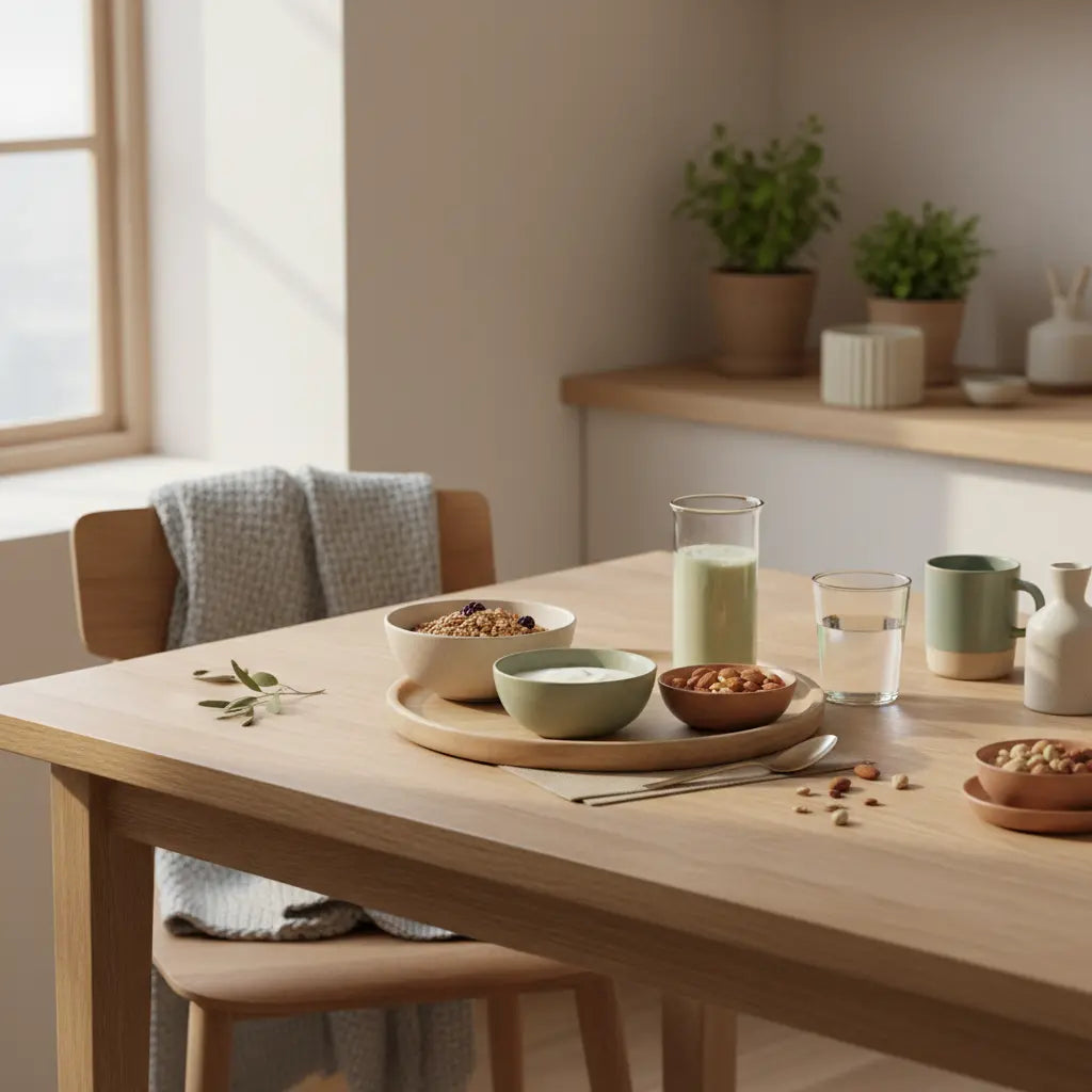 Minimalistisches nachhaltiges Frühstück in einer europäischen Küche mit Granola, pflanzlichem Joghurt, Nüssen und Shake auf Leinen und Keramik, ruhige nährende Stimmung für wieder fit werden