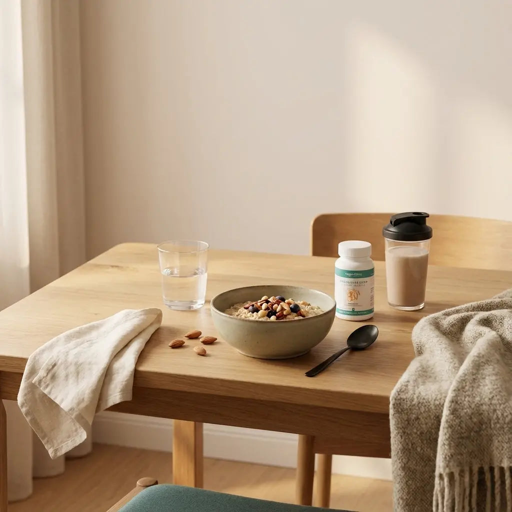 Minimalistische Morgenfrühstück-Szene mit veganer Schale, Glas Wasser und Wollakzent auf Holztisch, ruhiges nährendes Setting gegen wiederkehrende Infekte