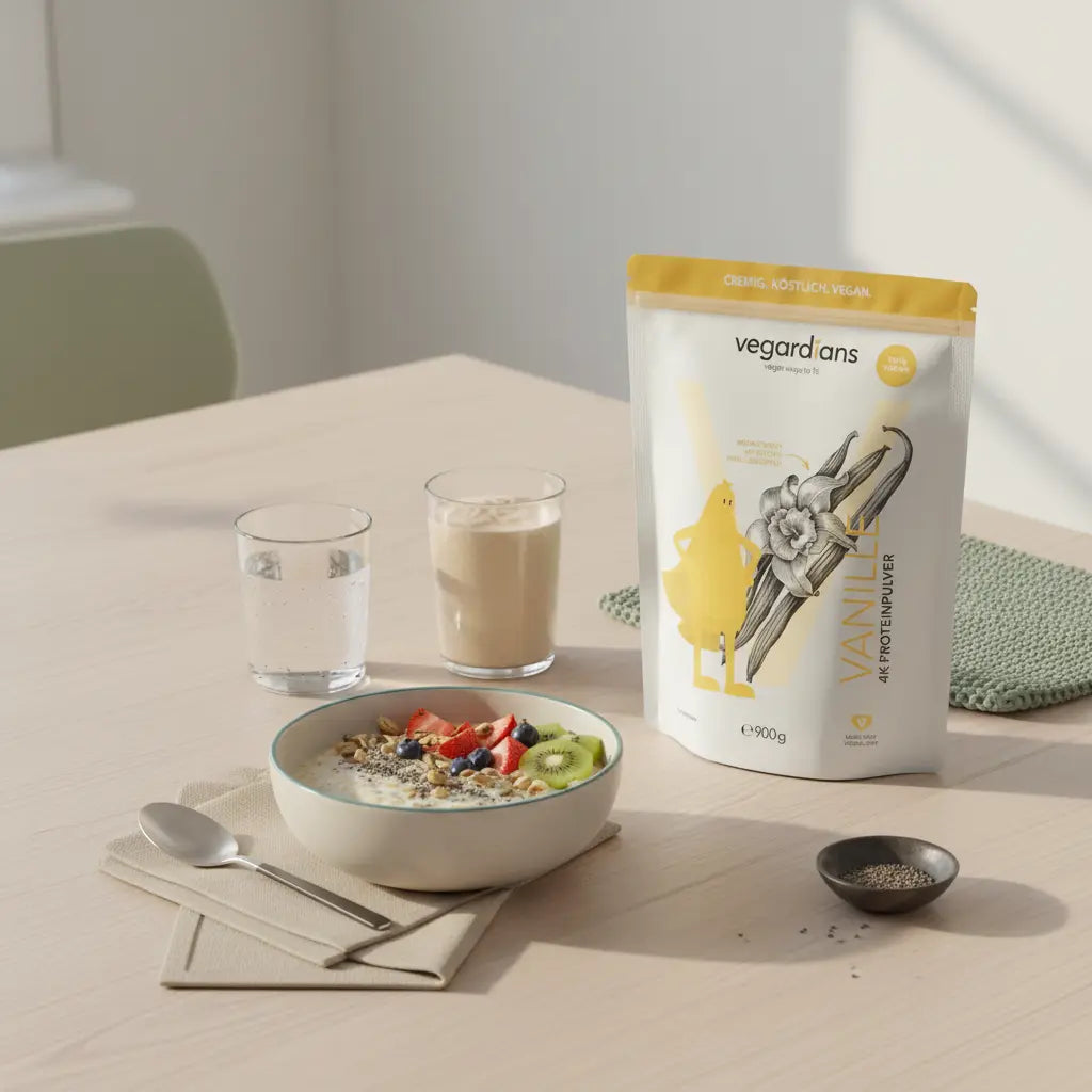 Realistische Küche mit veganem Porridge, Glas Wasser, Proteinshake und Produkt aus Referenzfotos – Wieso nehme ich nicht ab, ruhiges nährendes Morgenlicht