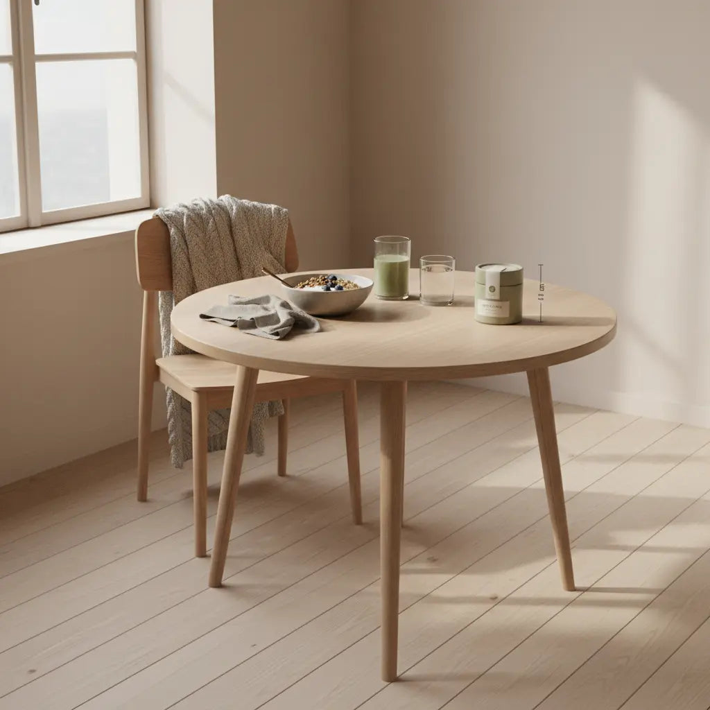 Minimalistisches veganes Frühstück in einer hellen europäischen Küche mit Granola, Joghurt und Shake, wollige Winterakzente in Vegardians-Farbwelt — Winterblues Dauer