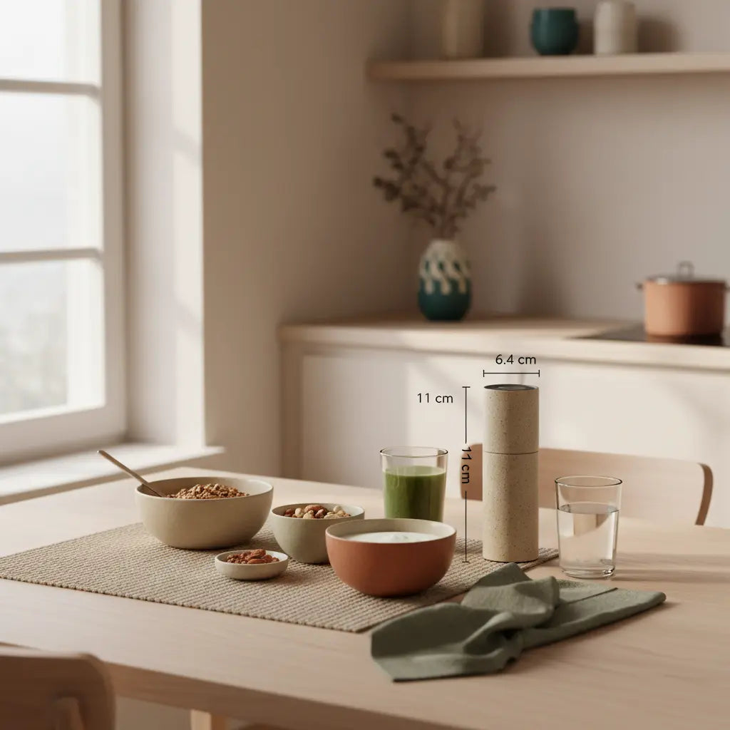 Minimalistisches Frühstück mit Granola, pflanzlichem Joghurt, Nüssen und Shake auf nachhaltigem Tisch im sanften Morgenlicht – beruhigende Szene gegen Winterdepression.