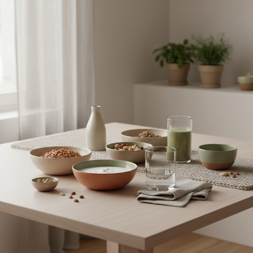 Minimalistisches veganes Frühstück mit Granola, Joghurt, Nüssen und Shake auf nachhaltigem Tisch in warmer Küche, dezente Wolltexturen und Keramik – Winterernährung bewusst und nährend