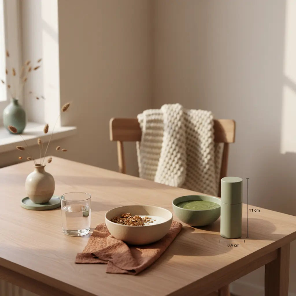 Minimalistisches Winterfrühstück in einer europäischen Küche mit veganer Granola-Bowl, Shake und Glas Wasser auf sanfter Vegardians-Farbpalette – Wintermotivation