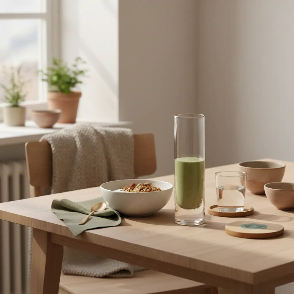 Minimalistisches Frühstück in europäischer Küche mit Granola, veganem Joghurt, Nüssen und Shake im sanften Morgenlicht – Wintermotivation, ruhige nährende Atmosphäre