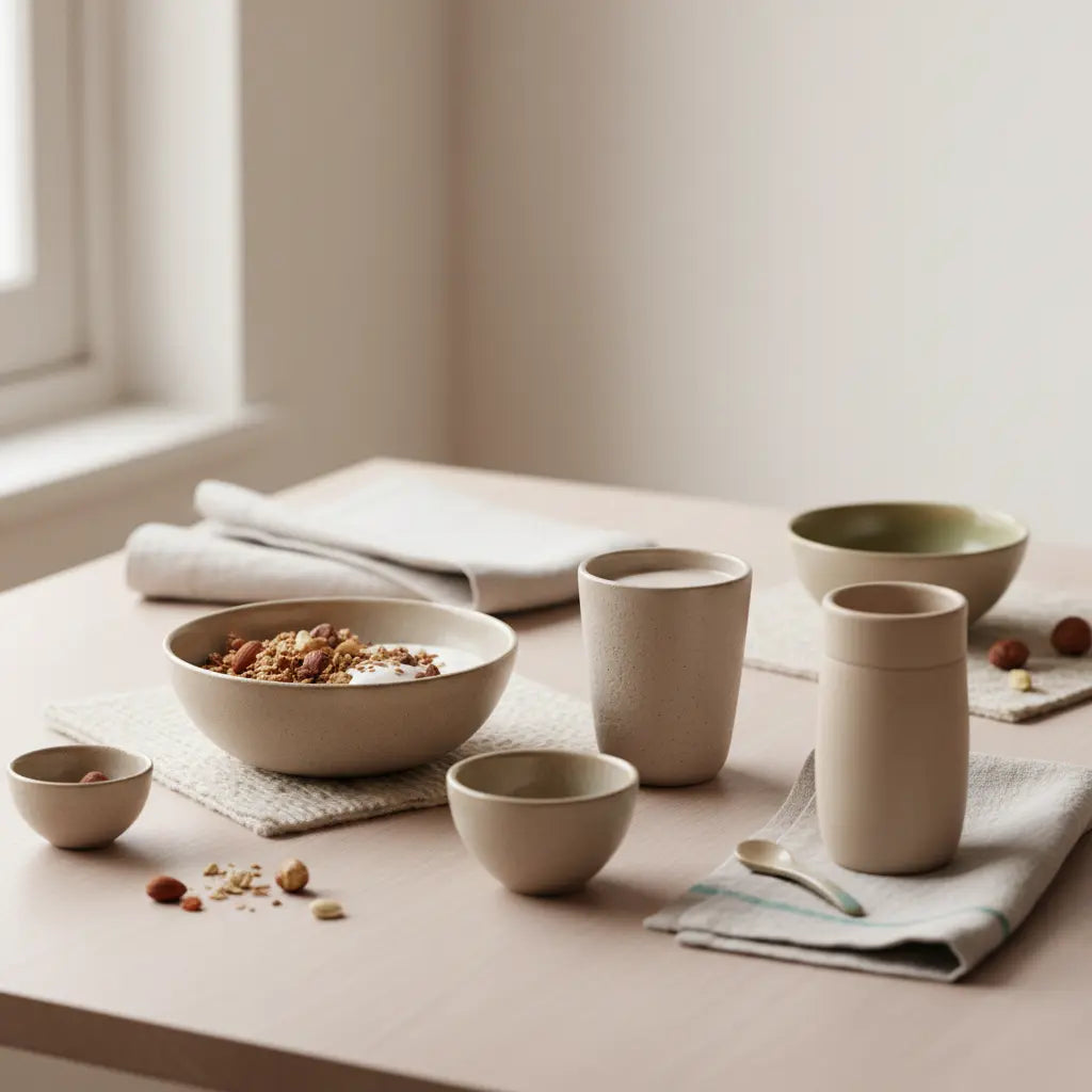 Minimalistisches Winterfrühstück mit Granola, pflanzlichem Joghurt, Shake und dem Produkt aus den Referenzfotos auf einem Tisch – Wintermotivation