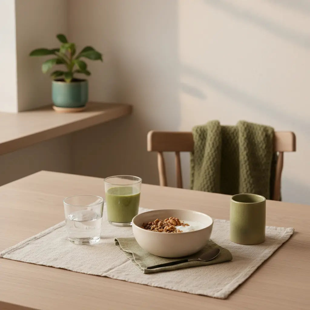 Minimalistisches Winterfrühstück in heller europäischer Küche mit Granola, Joghurt, Nüssen, Shake und Glas Wasser – ruhige Ästhetik und Wintermotivation.