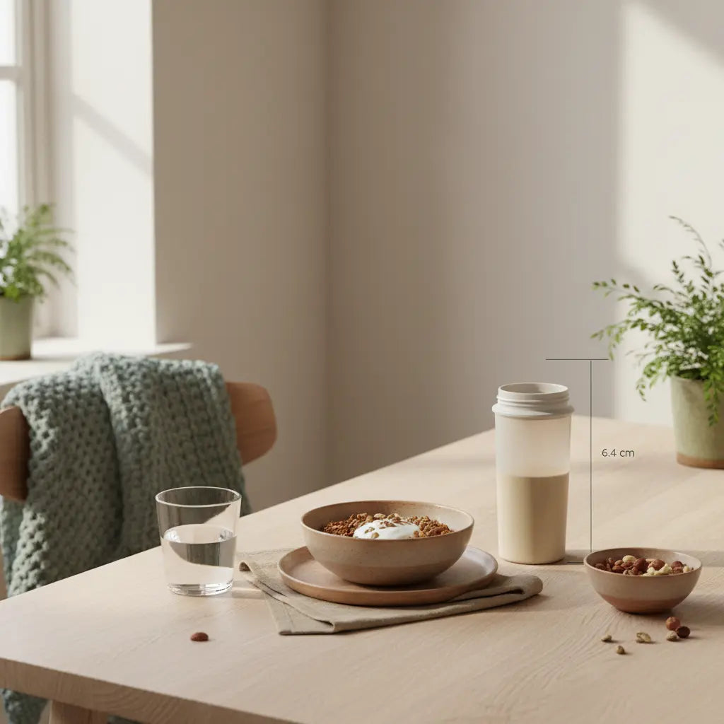 Wintermotivation: Veganes Frühstück in minimalistischer europäischer Küche mit Granola, pflanzlichem Joghurt, Nüssen und Shake-Behälter auf nachhaltigem, aufgeräumtem Tisch.