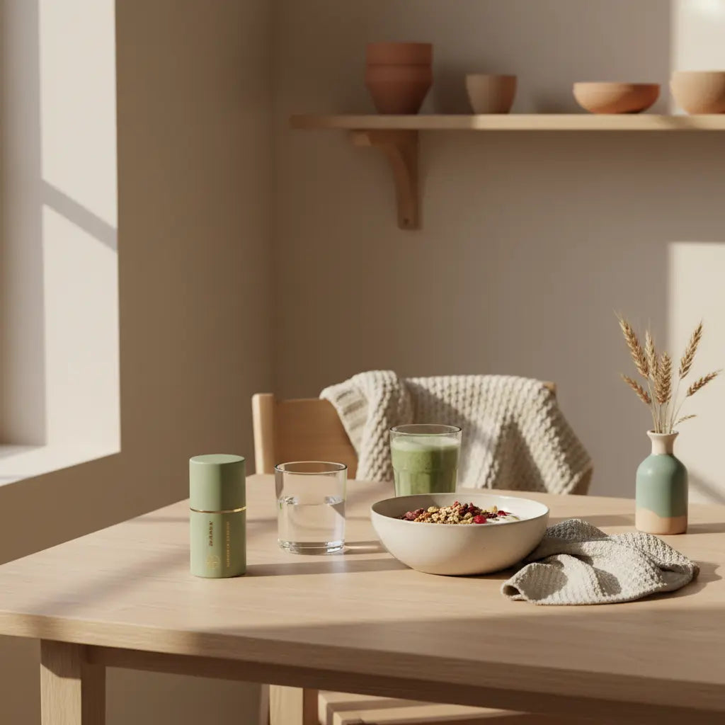 Minimalistisches Frühstück in europäischer Küche mit Granola, pflanzlichem Joghurt, Nüssen und Shake auf nachhaltigem Tisch — Wintermotivation für ein ruhiges, nährendes Morgenritual