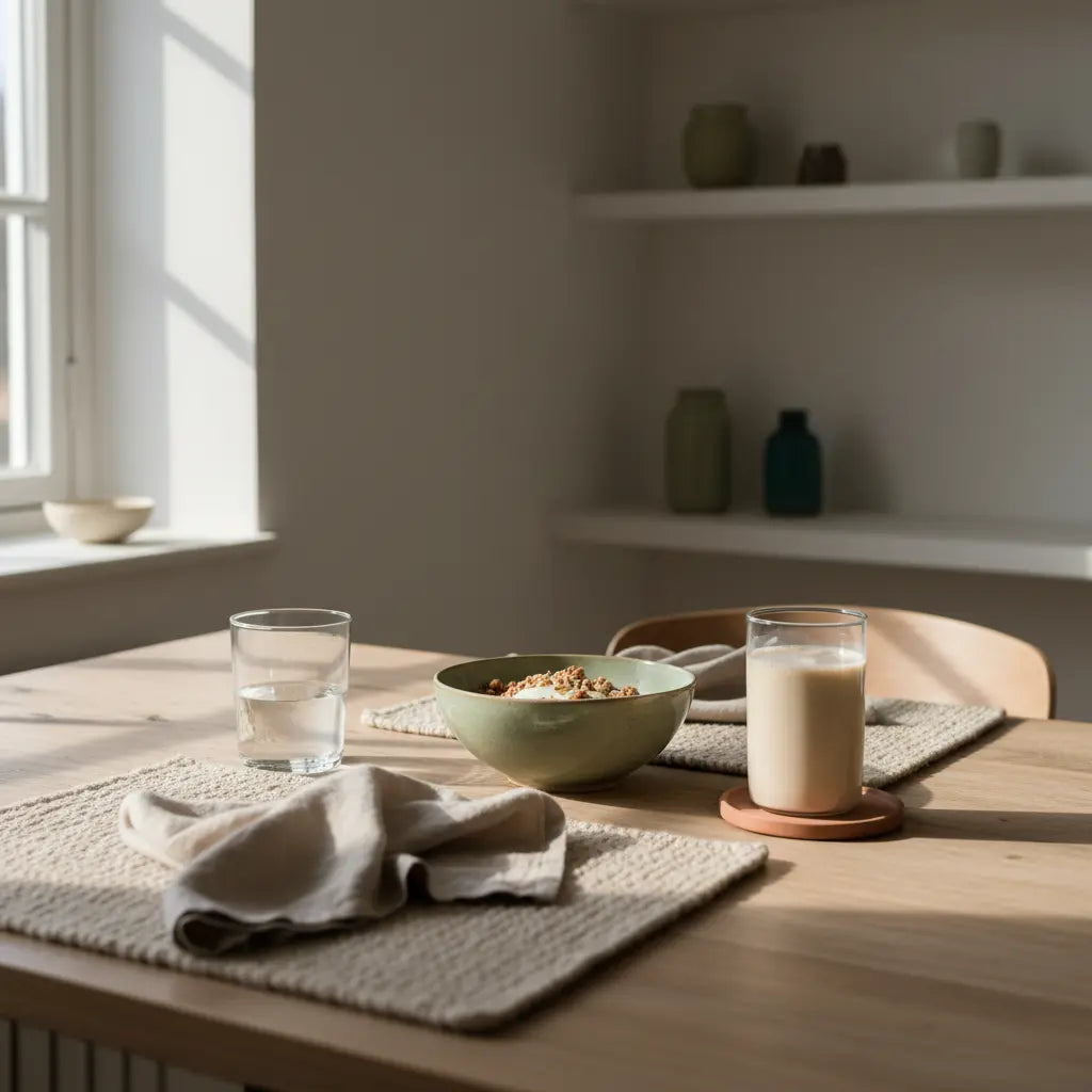 wintermotivation: minimalistisch-ruhiges veganes Frühstück in europäischer Küche mit Granola, Joghurt, Nüssen und Shake, Wolltextilien und Keramikschalen