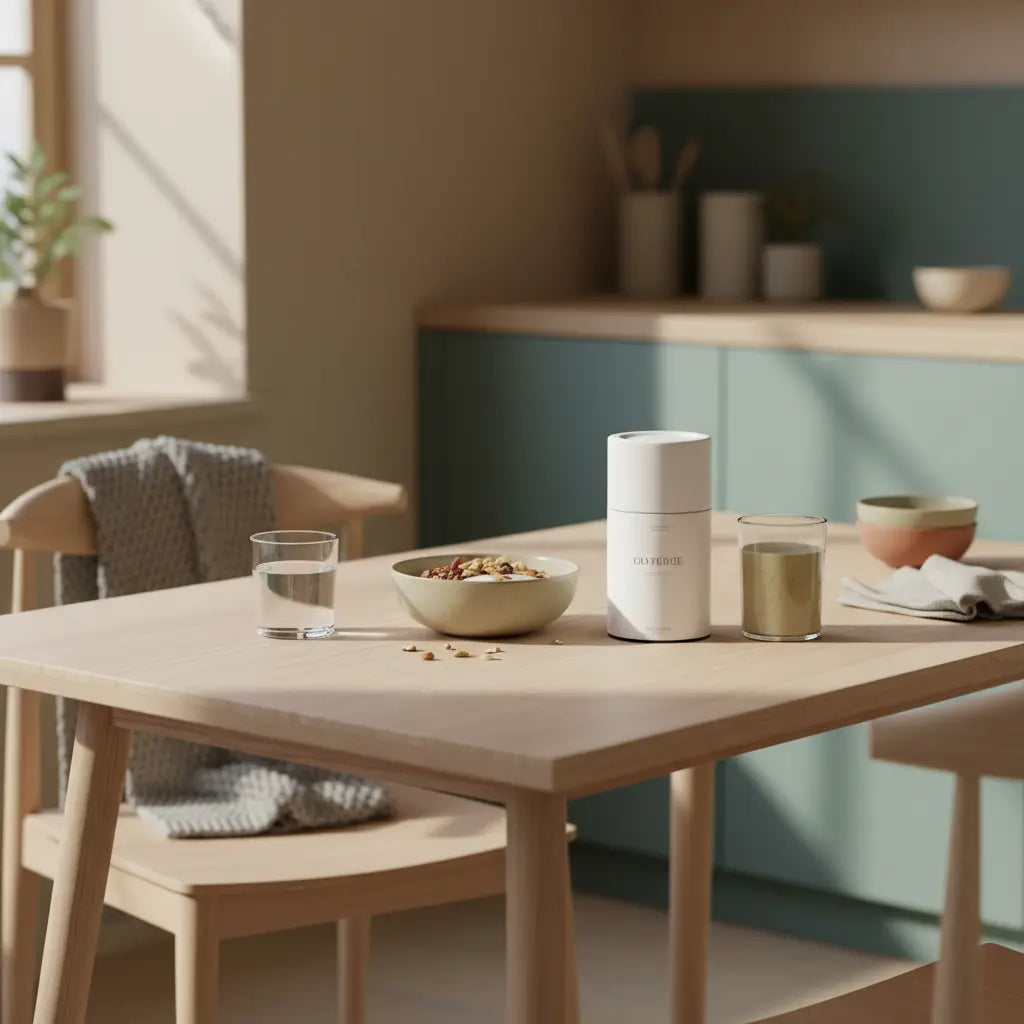 Minimalistisches Frühstück in sanftem Morgenlicht mit Granola, pflanzlichem Joghurt, Nüssen und Shake auf dem Tisch – Wintermotivation