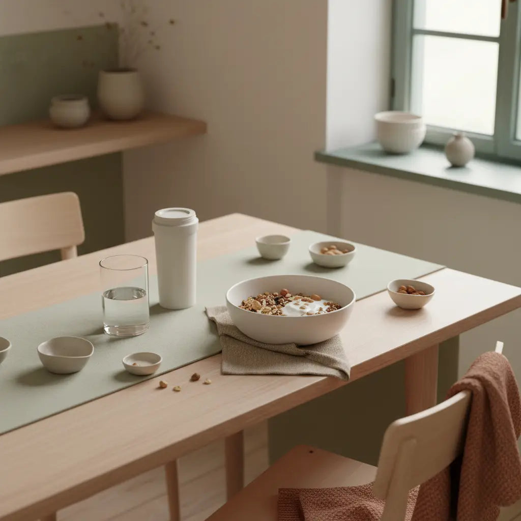 Minimalistisches Frühstück mit Granola, pflanzlichem Joghurt, Nüssen, Shaker und dem Produkt aus den Referenzfotos auf dem Tisch – Wintermotivation