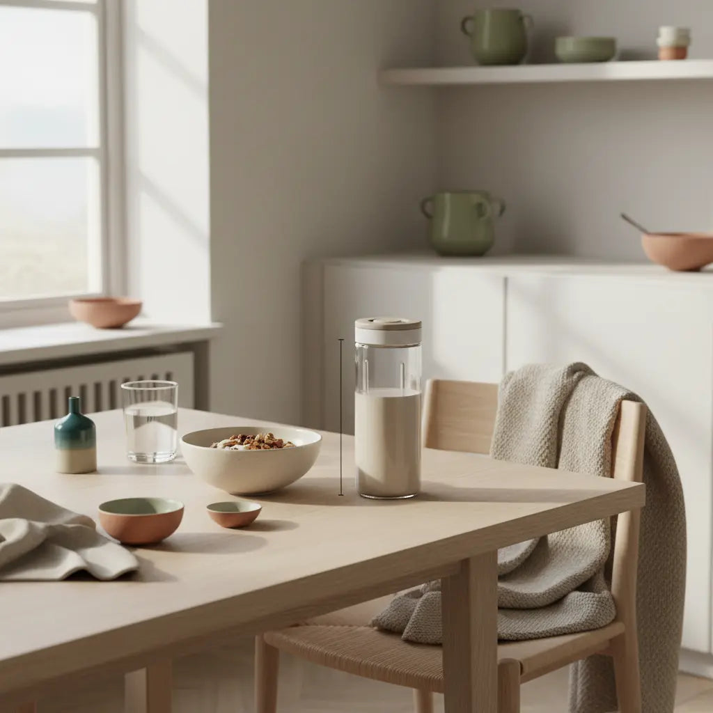 wintermotivation: minimalistisches veganes Frühstück mit Granola, Joghurt, Nüssen und Shake in einer europäischen Küche bei sanftem Wintermorgenlicht