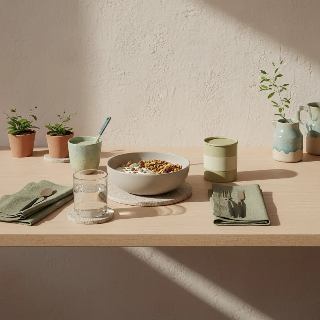 Sanftes Morgenfrühstück in europäischer Küche mit veganer Granola-Schale, Shake und nachhaltigem Setting gegen Wintermüdigkeit.