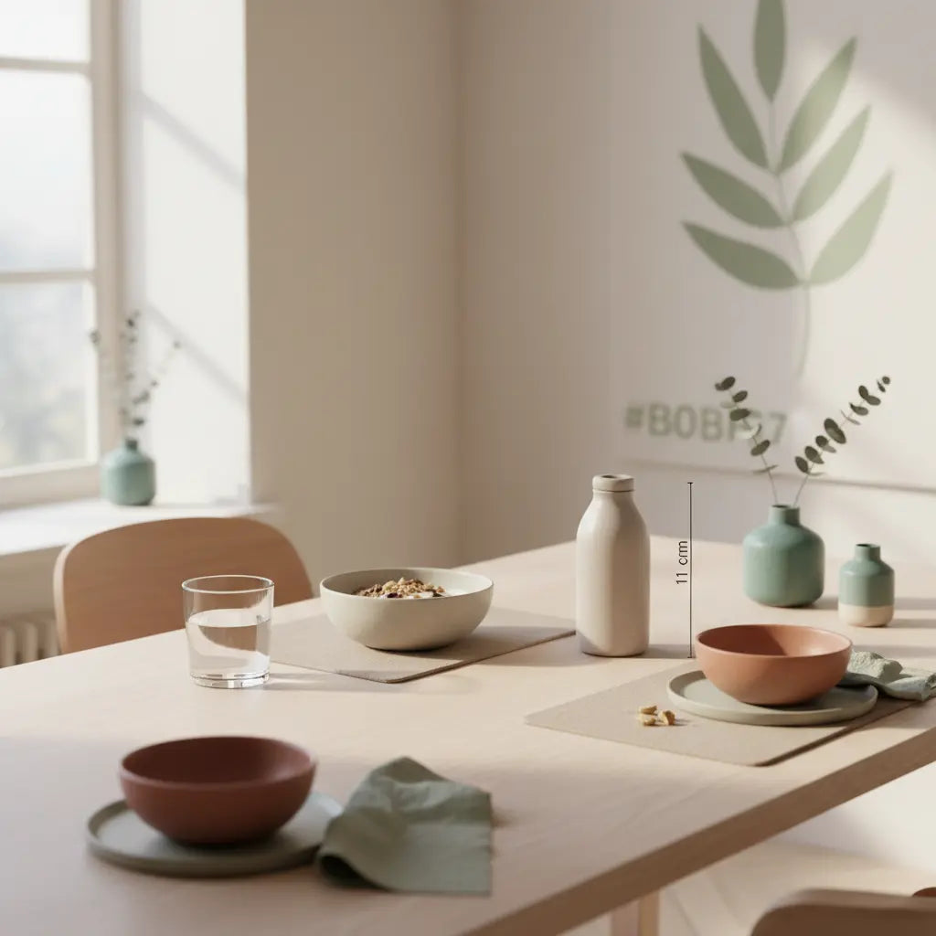 Minimalistisches Frühstück mit veganer Granola, Joghurt, Nüssen, neutralem Shake in Keramik und Glas Wasser auf nachhaltigem Tisch – wintermüdigkeit