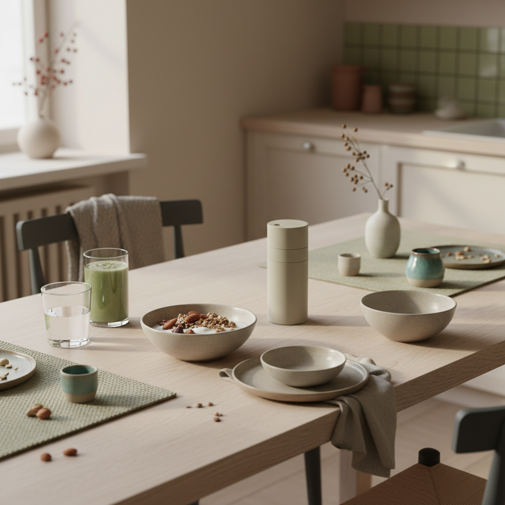 Minimalistisches Vegardians-Frühstück mit Granola, Pflanzenshake, Keramikschalen und Wasserglas auf nachhaltigem Tisch mit Wolltexturen – ideal für wintertraining tipps