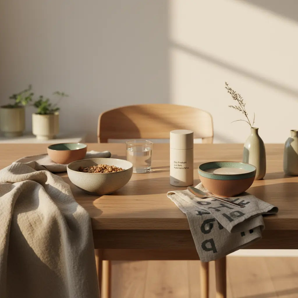 Minimalistische europäische Küchenaufnahme im Morgenlicht mit Holztisch, Müsli, Glas Wasser, neutralem Proteinshake und sichtbarem Produkt aus den Referenzfotos. wirken abnehmkapseln wirklich