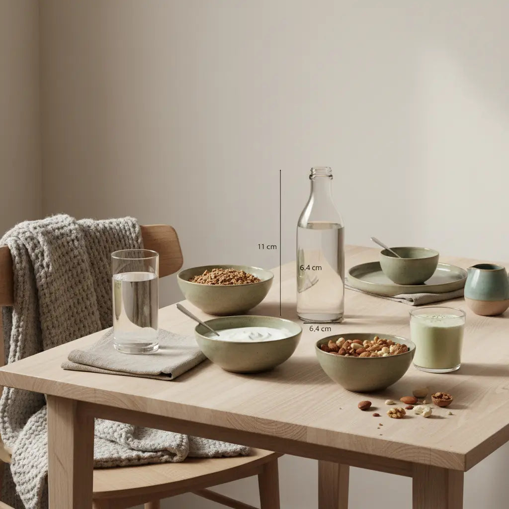 Minimalistisches Frühstück mit Granola, pflanzlichem Joghurt, Nüssen und Shake in einer europäischen Küche — visuelle Antwort auf 'wo ist am meisten Eisen drin'