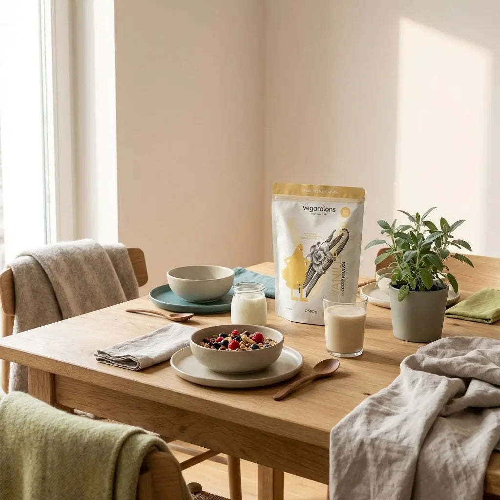 Minimalistische Morgen-Szene: Müsli, fermentierte Joghurt‑Alternative, Nüsse und veganer Shake auf nachhaltigem Holztisch in sanftem Licht – zink.