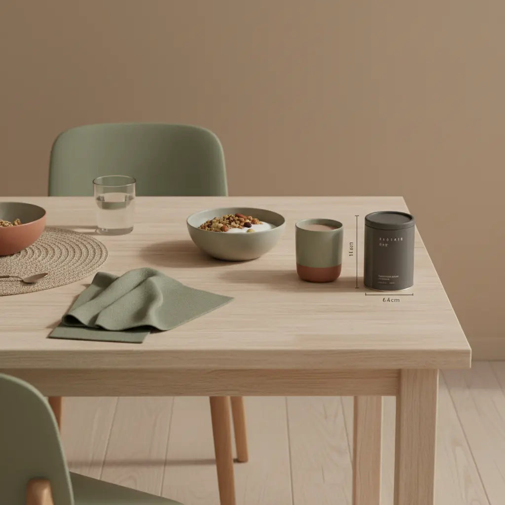 Minimalistisches veganes Frühstück mit Granola, pflanzlichem Joghurt, Nüssen, Shake im Keramikgefäß, Glas Wasser und Das Produkt aus den Referenzfotos – zu viel Eiweiß im Körper