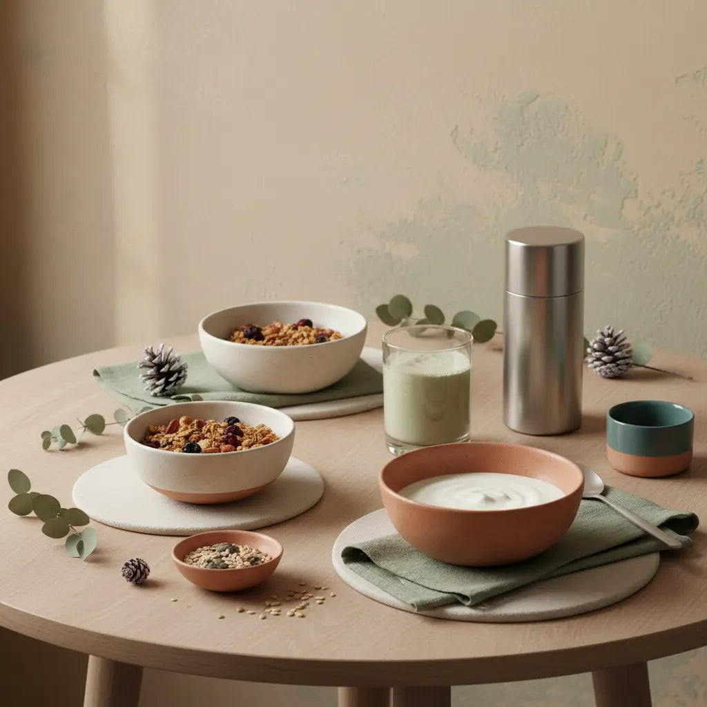 Minimalistischer Frühstückstisch mit Granola, veganem Joghurt, Nüssen und Shake in heller Küche – Inspiration zu Zucker beim Backen ersetzen.