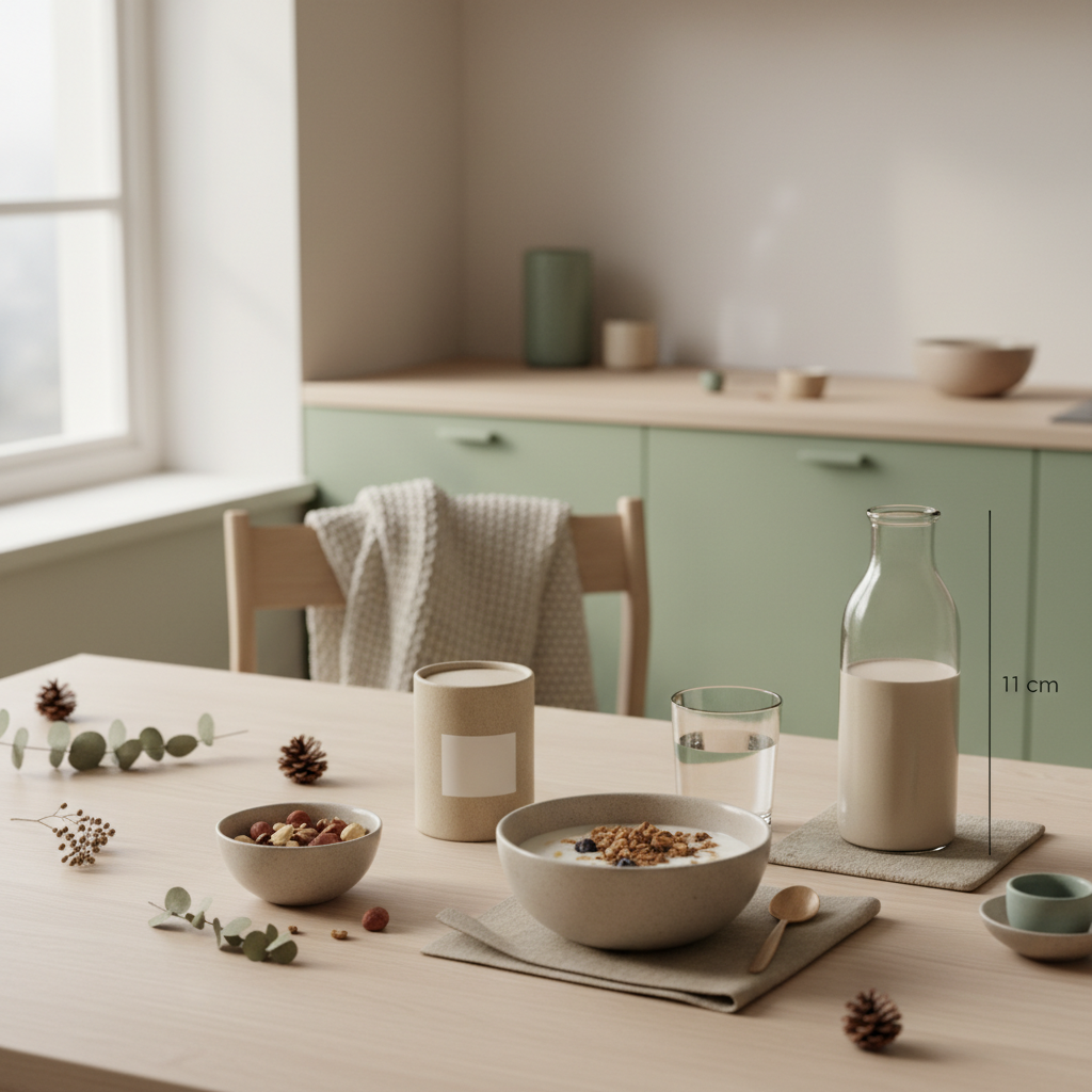 Nachhaltig gedeckter Frühstückstisch mit Granola, Pflanzendrink, Nüssen und Shake im sanften Morgenlicht – Zuckeralternativen für Plätzchen.