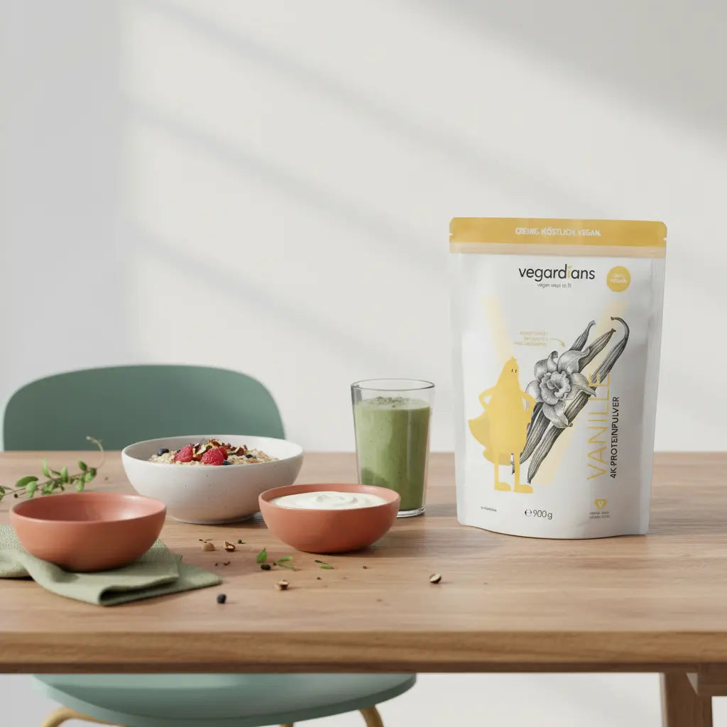 Minimalistische Morgenszene in der Küche: nachhaltiger Holztisch mit zuckerarmer veganer Mahlzeit (Haferflocken, Naturjoghurt, Nüsse, grüner Shake), dezente Salbei-Akzente – zuckerfrei starten