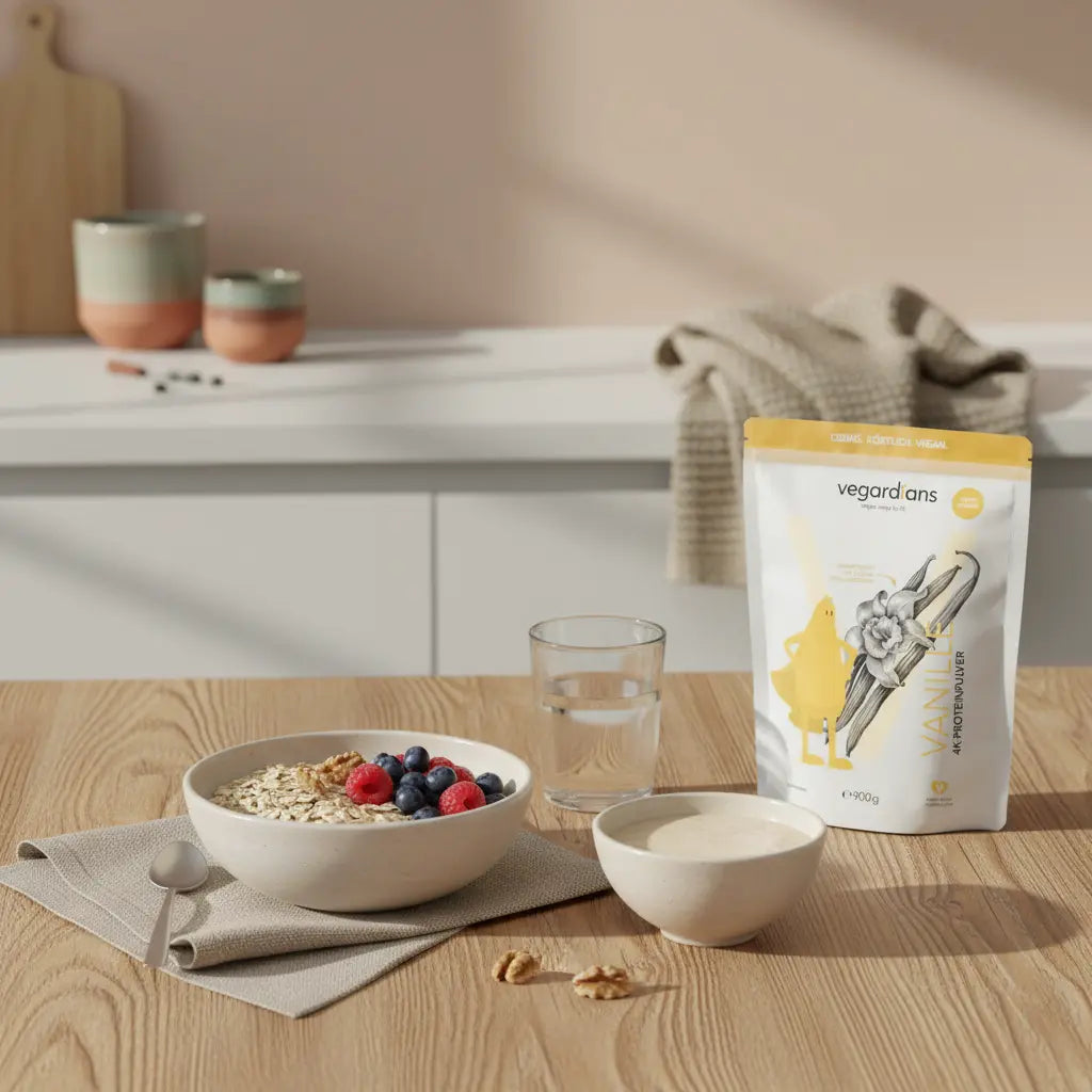 Minimalistische Morgenküche: nachhaltiger Holztisch mit Glas Wasser, Haferflocken-Schale mit Beeren und Nüssen sowie vegetarischem Shake in Keramik – zuckerfreie ernährungsumstellung