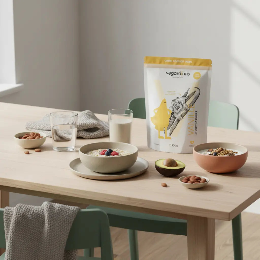 Vegan ausgewogenes Frühstück auf nachhaltigem Holztisch im sanften Morgenlicht mit Haferbrei, Avocado, Nüssen und Proteinshake – zunehmen frau gesund