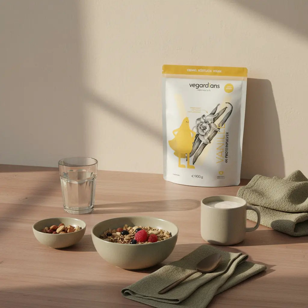 Minimalistische Frühstücksszene für zwei Fastentage: Glas Wasser, pflanzliches Müsli, Schale Nüsse und neutraler Proteinshake auf nachhaltigem Holztisch im sanften Morgenlicht.