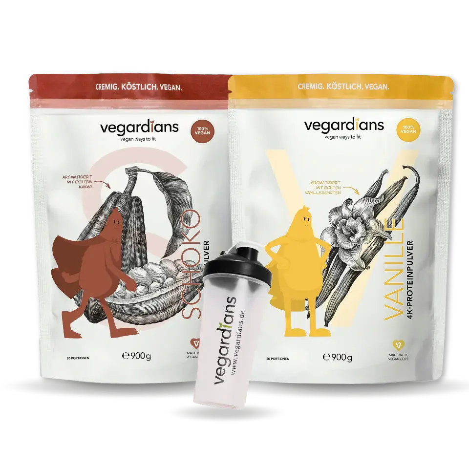 Bestseller Bundle vegan protein powders in vanilla and chocolate flavor with free shaker - ideal for fitness and muscle building.