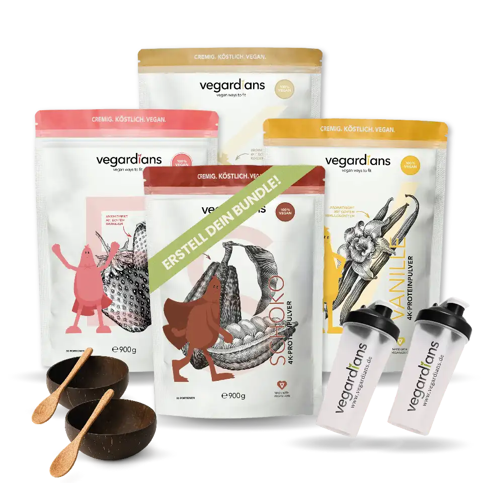 Großes Bundle featuring vegan protein powders, two Vegardians shakers, and sustainable coconut shell set.