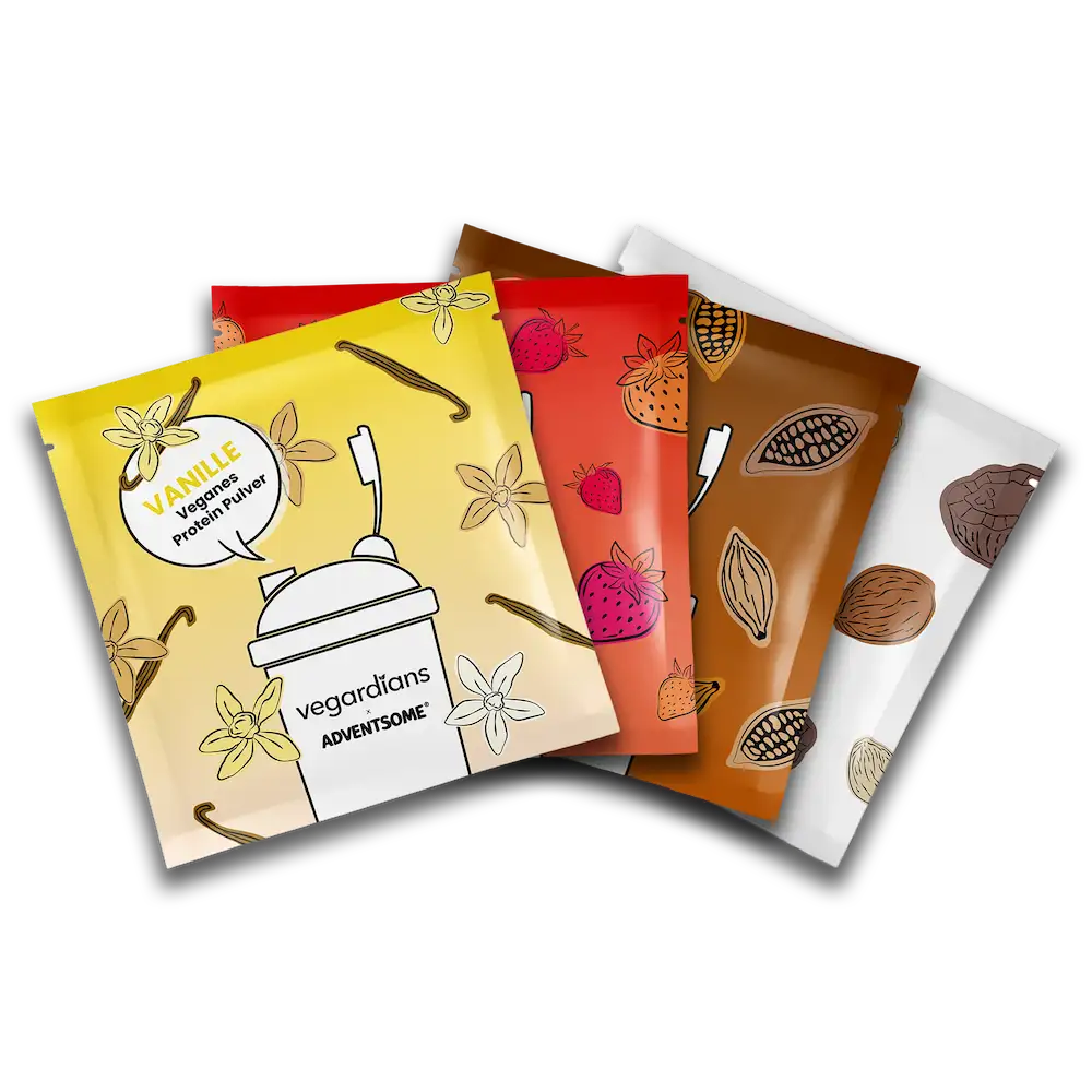 Vegardians Protein Probebeutel in assorted flavors with natural ingredients and eco-friendly packaging.