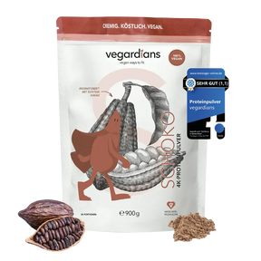 Vegan Schoko Protein powder with real cocoa, creamy and plant-based, 900g package.