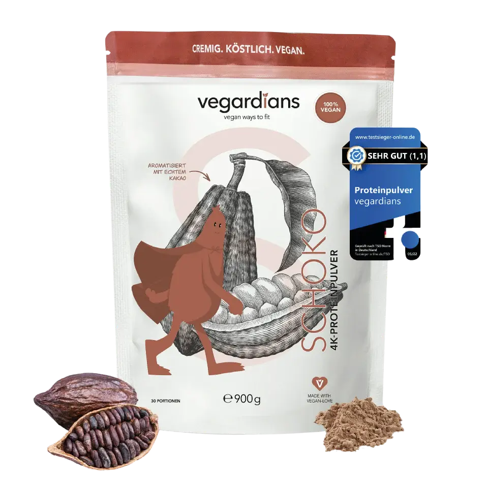Vegan Schoko Protein powder with real cocoa, creamy and plant-based, 900g package.