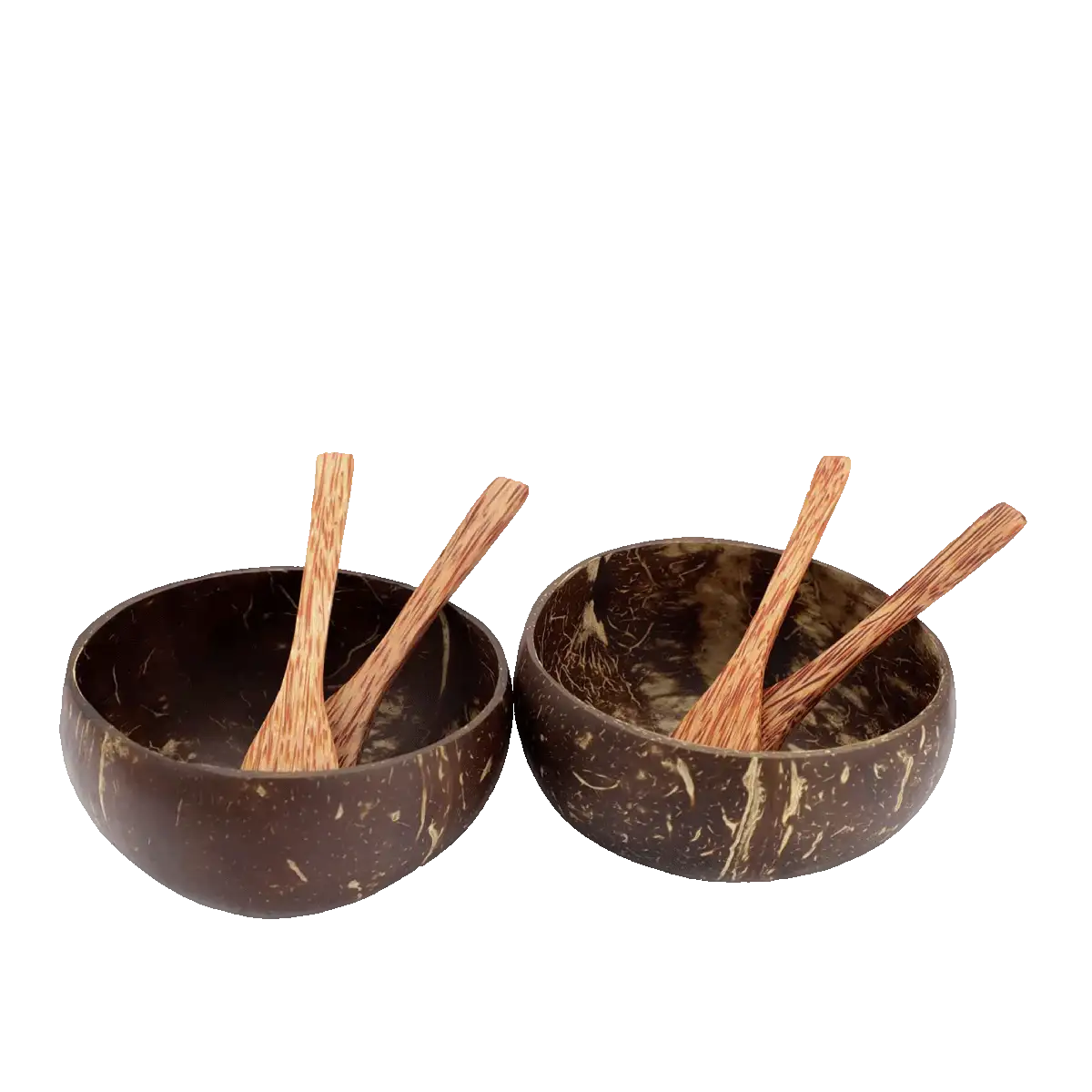 Vegane Kokosnuss-Schalen mit handgefertigten Holzlöffeln, plastikfrei.