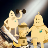 Vegardians Monatsabo vegan protein supplements with cartoon mascots in fitness scene.